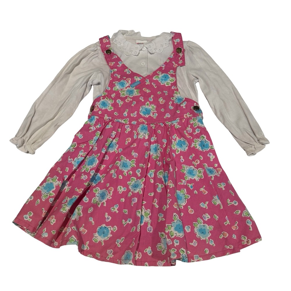 Vintage OshKosh Bgosh Girls Pink Floral Jumper Dress & Lace Collar Blouse Set 6